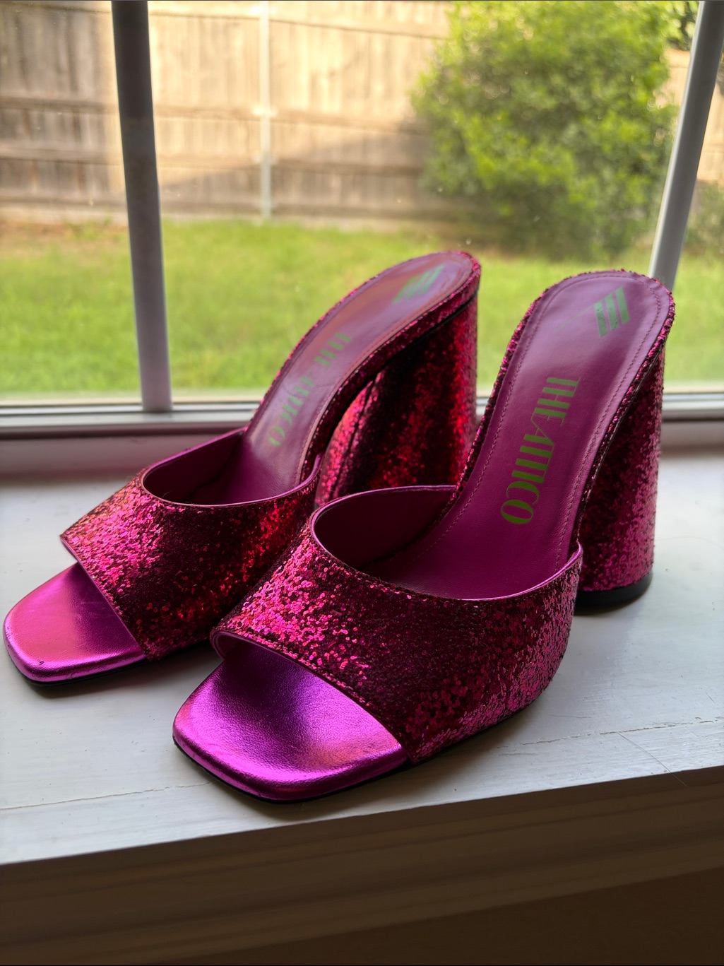 The Attico Fuchsia Glitter Block Heel Mules
